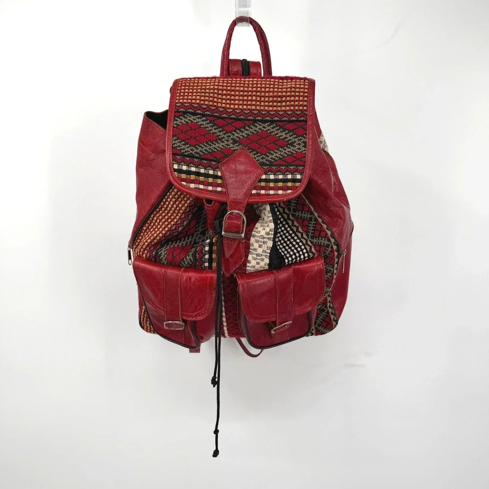 Vtg Moroccan Backpack Leather Woven Textile Kilim Handcrafted Tribal Boho Bag